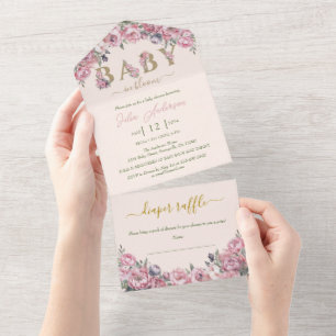 Invitation Tout En Un Baby shower Boho Rose Rose Peach Rose Peach Floral