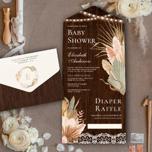 Invitation Tout En Un Baby Shower Bois Rustique Bohème Palmier Séché Pam