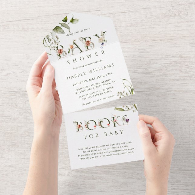 Invitation Tout En Un Baby shower botanique floral | Livres pour bébé (Déchirure)