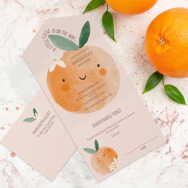 Invitation Tout En Un Baby shower botanique Little Cutie Orange Citrus (Créateur téléchargé)