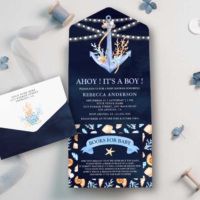 Invitation Tout En Un Baby shower d'Ancres nautiques bleu marine (Créateur téléchargé)