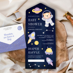 Invitation Tout En Un Baby shower d'astronaute de l'ours en peluche bleu