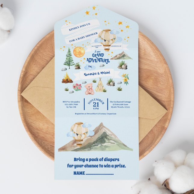 Invitation Tout En Un Baby shower d'aventure Aquarelles Arbres (Créateur téléchargé)