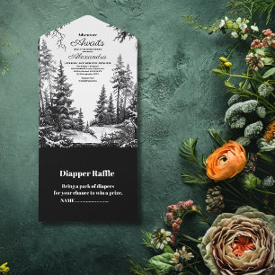 Invitation Tout En Un Baby shower d'aventure Black White Woodland