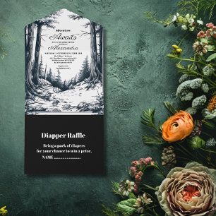 Invitation Tout En Un Baby shower d'aventure Black White Woodland