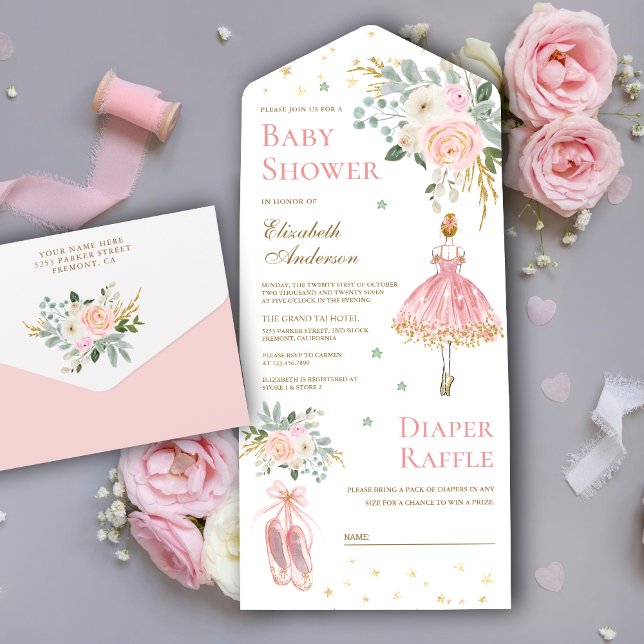 Invitation Tout En Un Baby shower de Ballerina Florale rose et or (Créateur téléchargé)