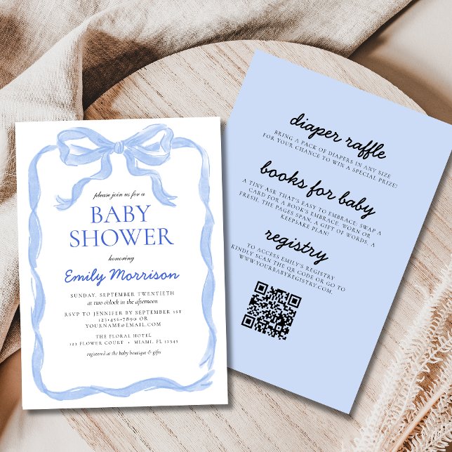 Invitation Tout en un Baby shower de Bow Bow en ruban bleu (Créateur téléchargé)