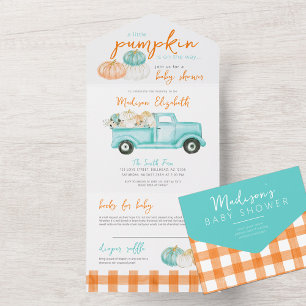 Invitation Tout En Un Baby shower de camion Citrouille orange et turquoi