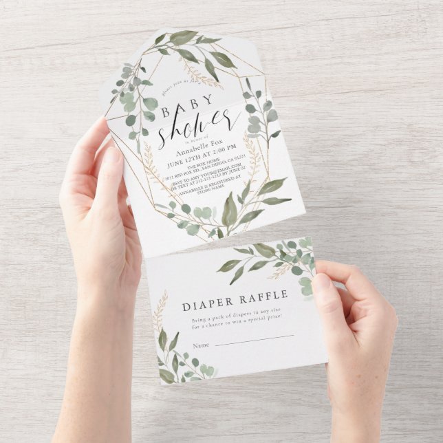 Invitation Tout En Un Baby shower de carafe géométrique Eucalyptus (Déchirure)