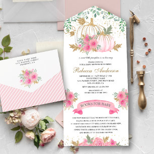 Invitation Tout En Un Baby shower de Citrouille Rustique rose et or