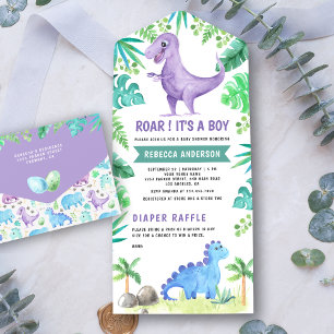 Invitation Tout En Un Baby shower de dinosaure violet rustique