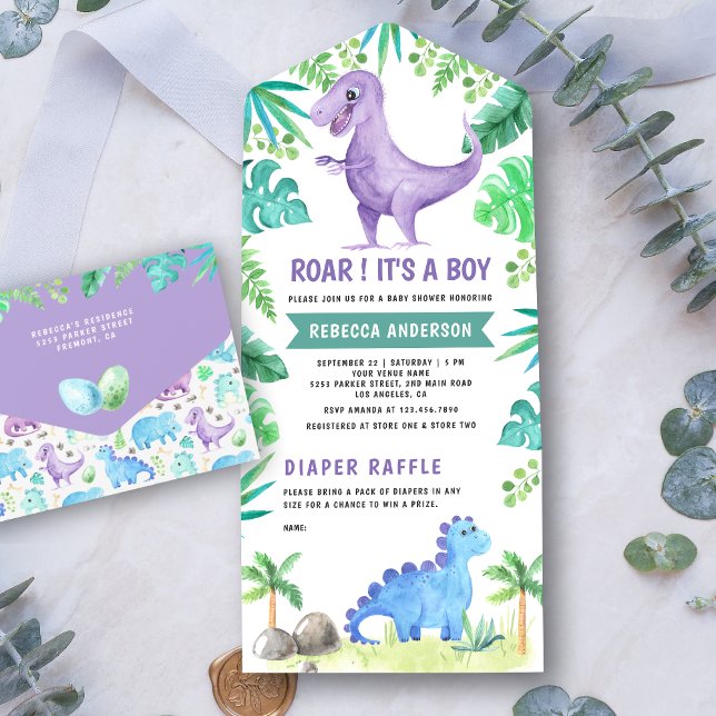 Invitation Tout En Un Baby shower de dinosaure violet rustique (Créateur téléchargé)