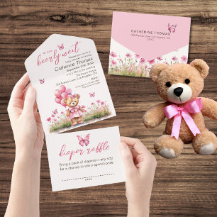 Invitation Tout En Un Baby shower de fille papillon rose de l'ours en pe
