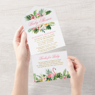 Invitation Tout En Un Baby shower de Flamant rose floral tropical