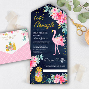 Invitation Tout En Un Baby shower de Flamant rose tropical rose marine