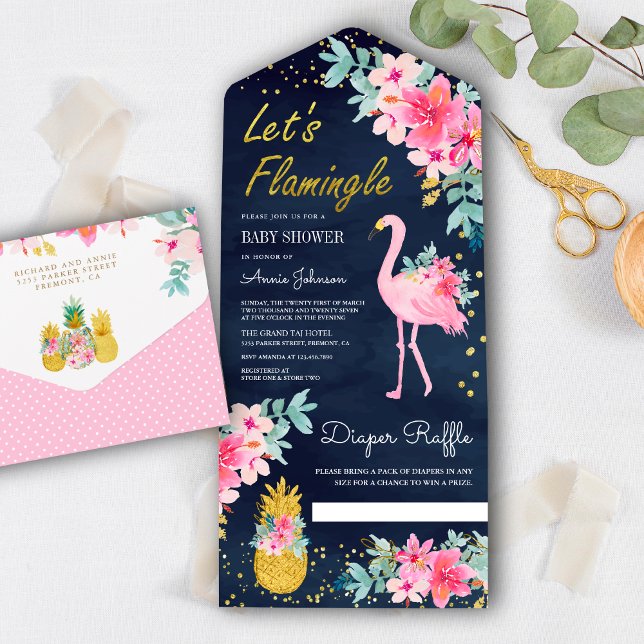 Invitation Tout En Un Baby shower de Flamant rose tropical rose marine (Créateur téléchargé)