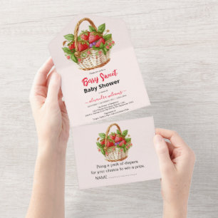 Invitation Tout En Un Baby shower de fraise d'aquarelle mignonne
