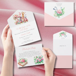 Invitation Tout En Un Baby shower de golf Pink Baby Girl Elephant & Gira