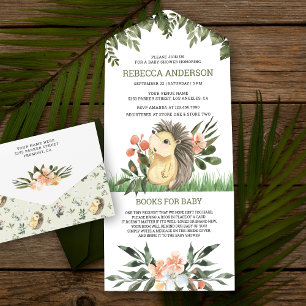 Invitation Tout En Un Baby shower de hérisson rustique en bois