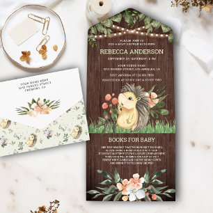 Invitation Tout En Un Baby shower de hérisson rustique en bois