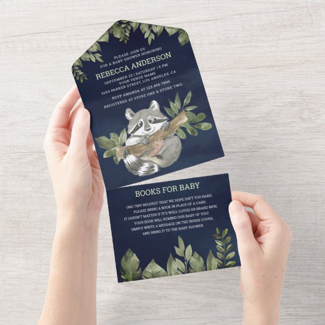 Invitation Tout En Un Baby shower de la Marine Blue Woodland Cute Raccoo (Déchirure)