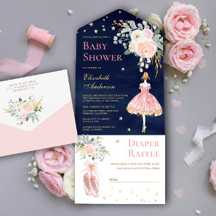 Invitation Tout En Un Baby shower de la marine de Ballerina rose et or