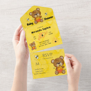 Invitation Tout En Un Baby shower de miel de l'ours en peluche