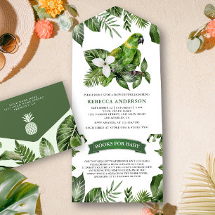 Invitation Tout En Un Baby shower de perroquet vert de la jungle tropica