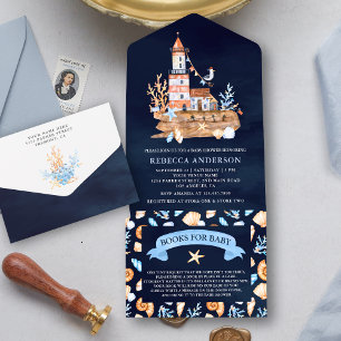 Invitation Tout En Un Baby shower de phare bleu marine russe