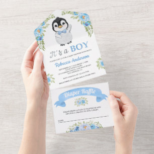 Invitation Tout En Un Baby shower de pingouin floral à aquarelle bleue