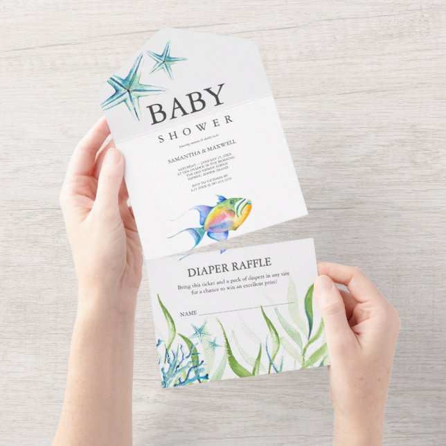 Invitation Tout En Un Baby shower de poissons tropicaux tout en une invi (Déchirure)