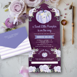 Invitation Tout En Un Baby shower de prune Rose de petite Citrouille