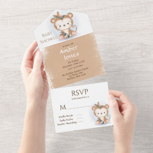 Invitation Tout En Un Baby shower de Singe Boho mignon