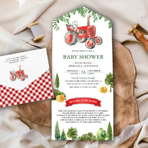Invitation Tout En Un Baby shower de tracteur rustique Red Farm