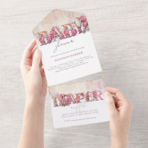 Invitation Tout En Un Baby shower & Déchets Raffle Floral Pink Or