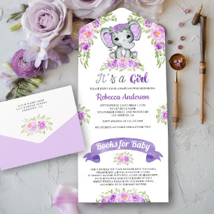 Invitation Tout En Un Baby shower d'éléphant d'aquarelle florale pourpre