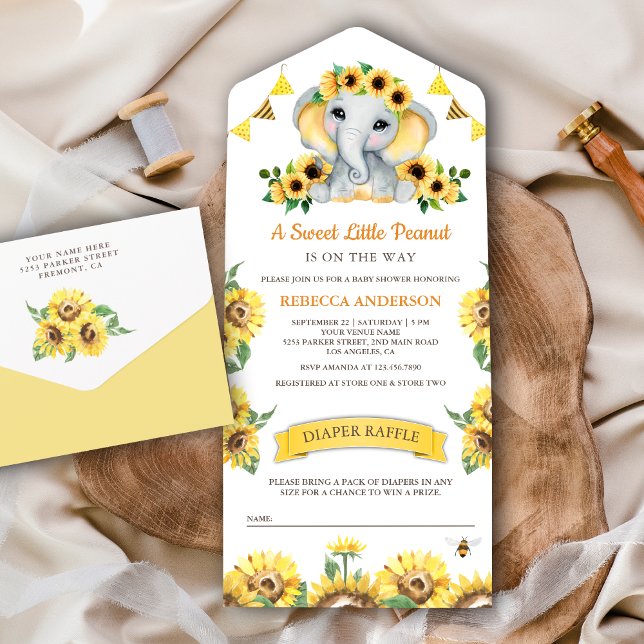 Invitation Tout En Un Baby shower d'éléphant des tournesols rustiques (Créateur téléchargé)