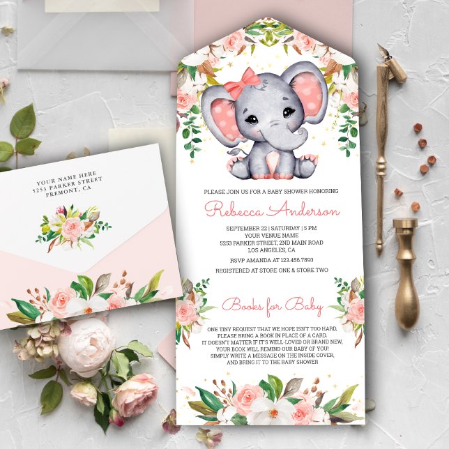 Invitation Tout En Un Baby shower d'éléphant rose pâle rose (Créateur téléchargé)