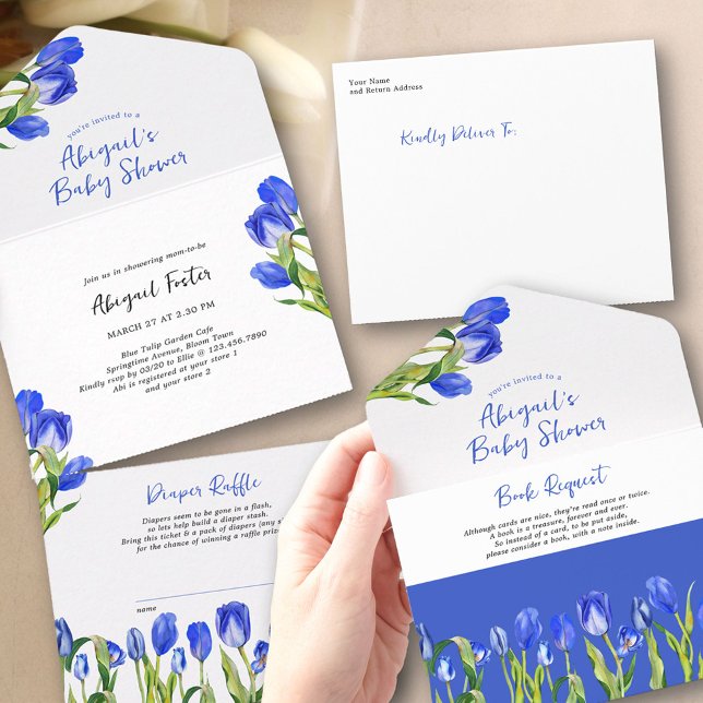 Invitation Tout En Un Baby shower des demandes de livres de tulipes de p (Tulip Baby Shower Invitation asking for book instead of a card with tear-off diaper raffle ticket)
