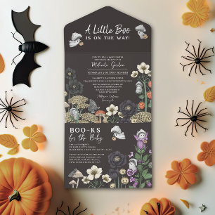 Invitation Tout En Un Baby shower d'Halloween moderne Black Floral Fantô