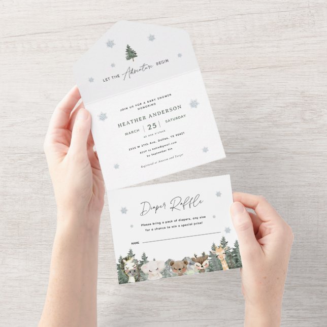 Invitation Tout En Un Baby shower d'hiver des forêts (Déchirure)