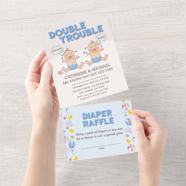 Invitation Tout En Un Baby shower Double Trouble Twin Boys (Déchirure)