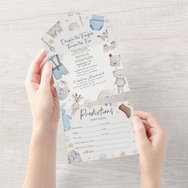 Invitation Tout En Un Baby shower Double Trouble Twin Boys & Predictions (Déchirure)