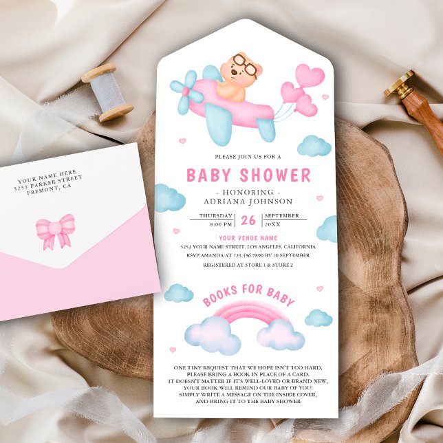 Invitation Tout En Un Baby shower d'ours en peluche de fille d'avion ros (Créateur téléchargé)