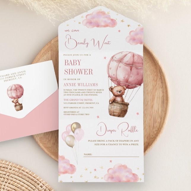 Invitation Tout En Un Baby shower d'ours en peluche rose Boho à air chau (Créateur téléchargé)