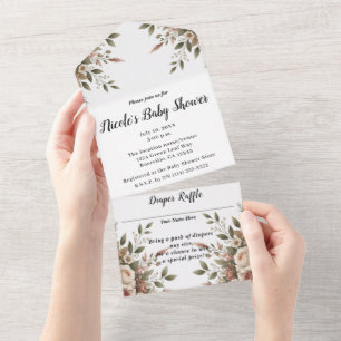Invitation Tout En Un Baby Shower Élégant aux Fleurs Vert Olive et Blanc