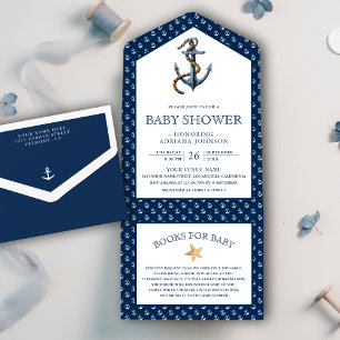 Invitation Tout En Un Baby Shower élégant sur le thème marin avec ancre 