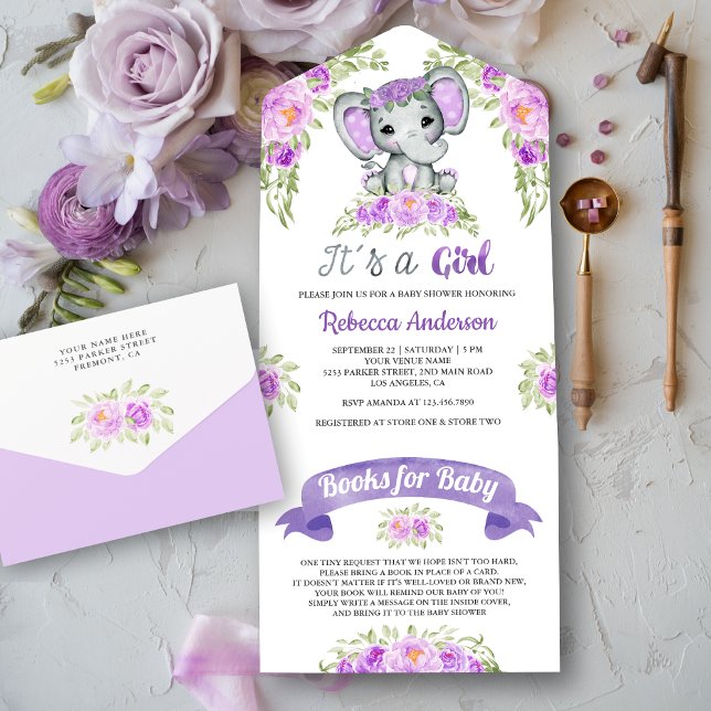 Invitation Tout En Un Baby Shower Éléphant Aquarelle Fleur Violet (Créateur téléchargé)