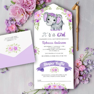 Invitation Tout En Un Baby-Shower éléphant floral aquarelle violette