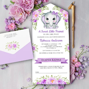 Invitation Tout En Un Baby-Shower Éléphant Floral avec un Joli Nœud Viol